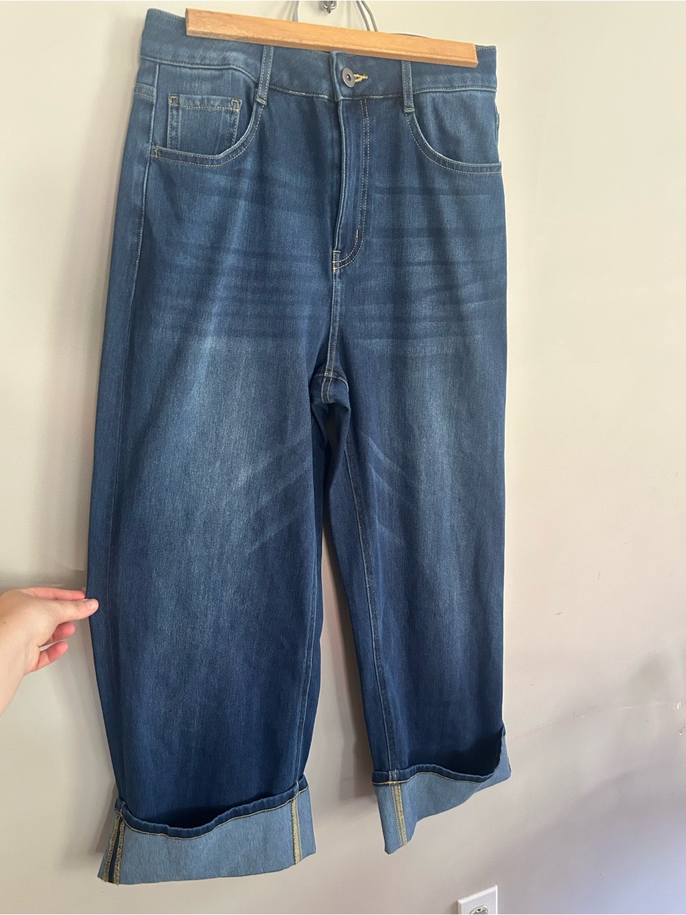 HALARA Flex High Waisted Wide Leg Rolled Hem Jeans- Knit Denim, Small Petite - Picture 4 of 12